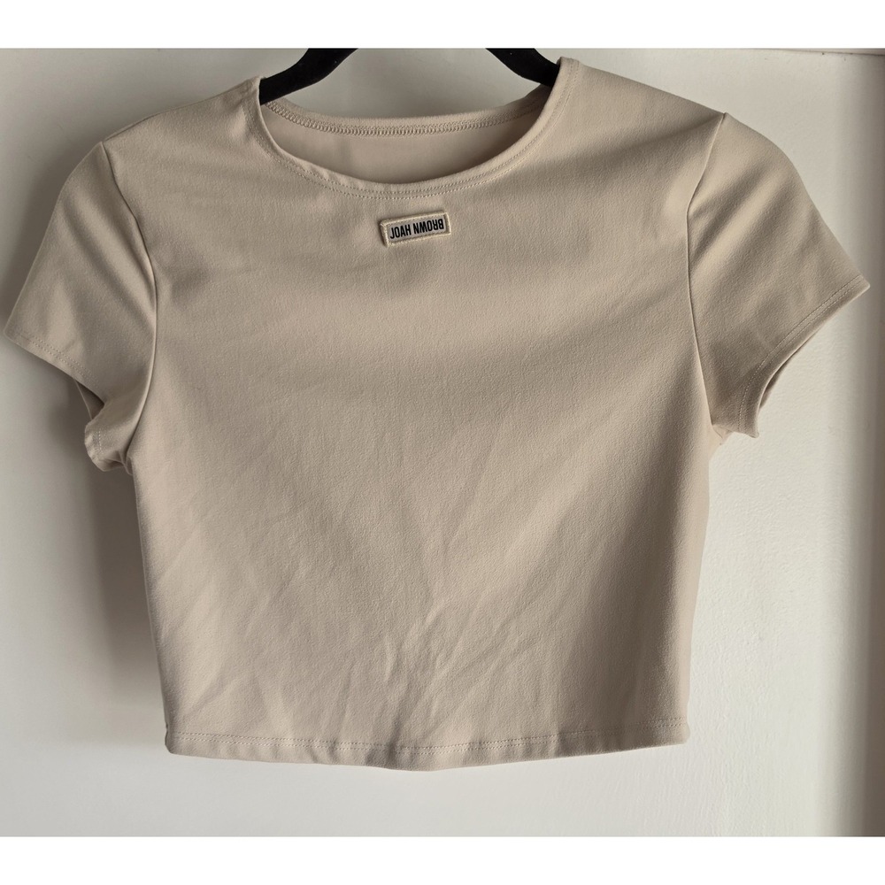 JOAH BROWN Crop Top S/M Beige Solid Round Neck Short Sleeve Women
